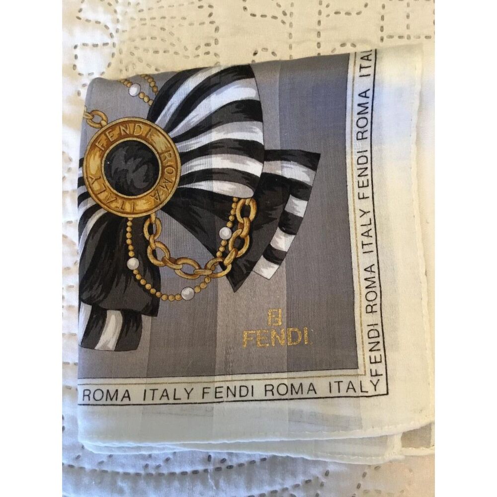 Fendi Silk Scarf Bow Chain Pearl FF Logo Hidden Wordmark 22" Gray, Black, Gold